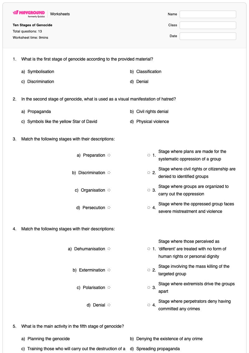 Ten Stages of Genocide - Printable Stage-directions Worksheets Year 12 - Wayground