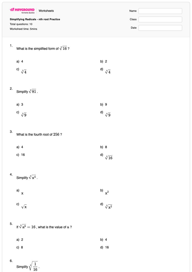 Simplifying Radicals - nth root Practice - พิมพ์ได้ การลดรูปรากที่สอง เวิร์กชีท - Wayground