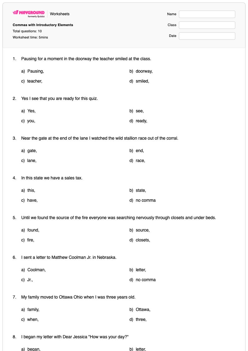 Commas with Introductory Elements - Printable Commas-with-nonrestrictive-elements Worksheets - Wayground
