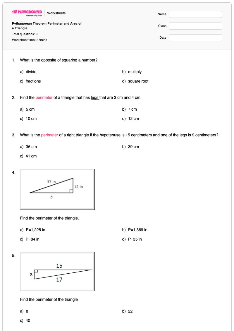 Pythagorean Theorem Perimeter and Area of a Triangle - Printable Area-of-a-triangle Worksheets - Wayground