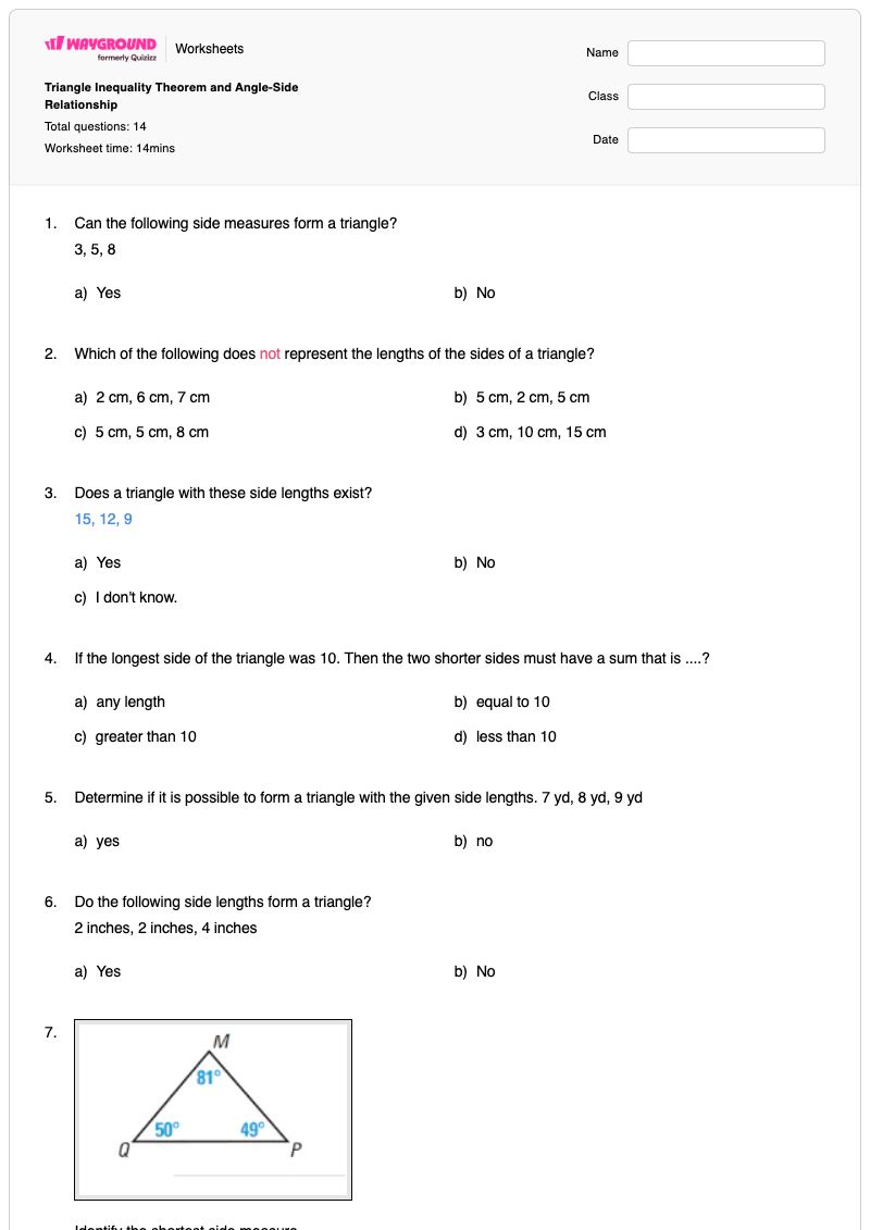 Triangle Inequality Theorem and Angle-Side Relationship - พิมพ์ได้ Triangle-inequality-theorem เวิร์กชีท ระดับ 9 - Wayground