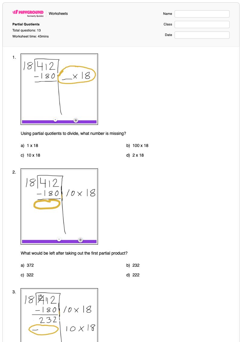 Partial Quotients - พิมพ์ได้ ผลหารบางส่วน เวิร์กชีท ระดับ 5 - Wayground