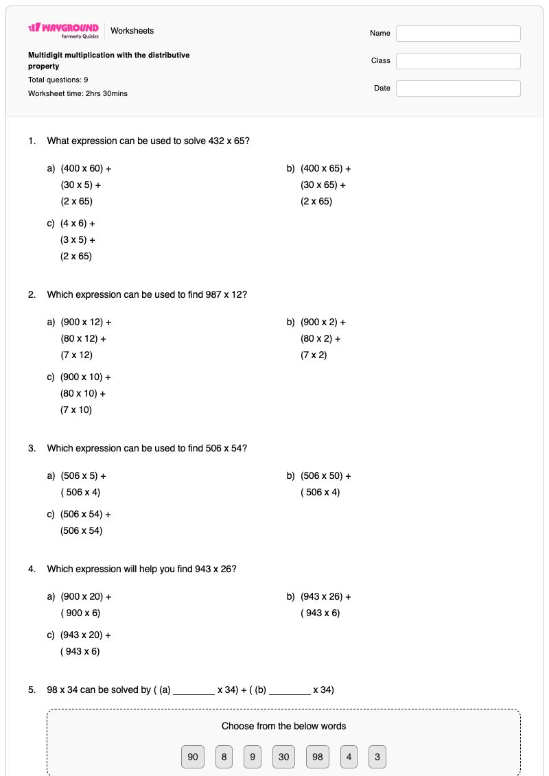 Multidigit multiplication with the distributive property - Printable Distributive-property-of-multiplication Worksheets Grade 5 - Wayground
