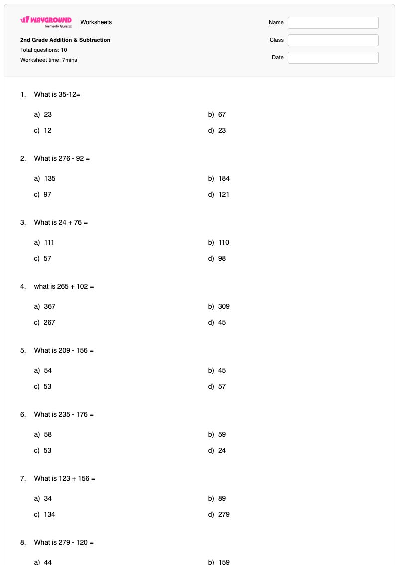 2nd Grade Addition & Subtraction - Printable Addition-and-subtraction Worksheets Grade 2 - Wayground