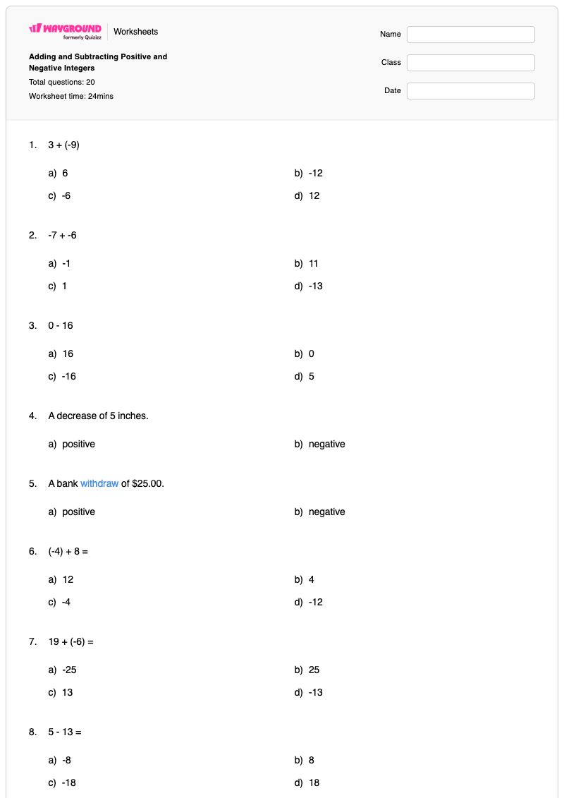 Adding and Subtracting Positive and Negative Integers - พิมพ์ได้ Subtracting-negative-integers เวิร์กชีท - Wayground