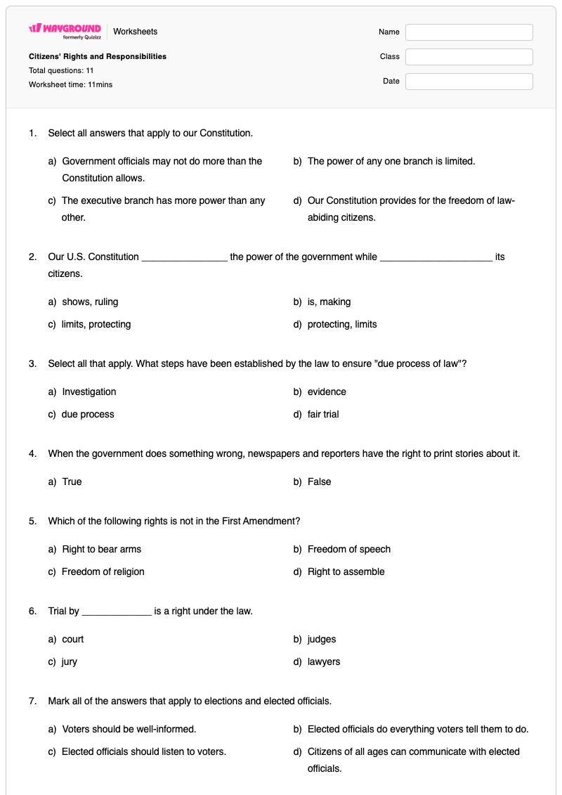 Citizens' Rights and Responsibilities  - Printable Rights-and-responsibilities Worksheets - Wayground
