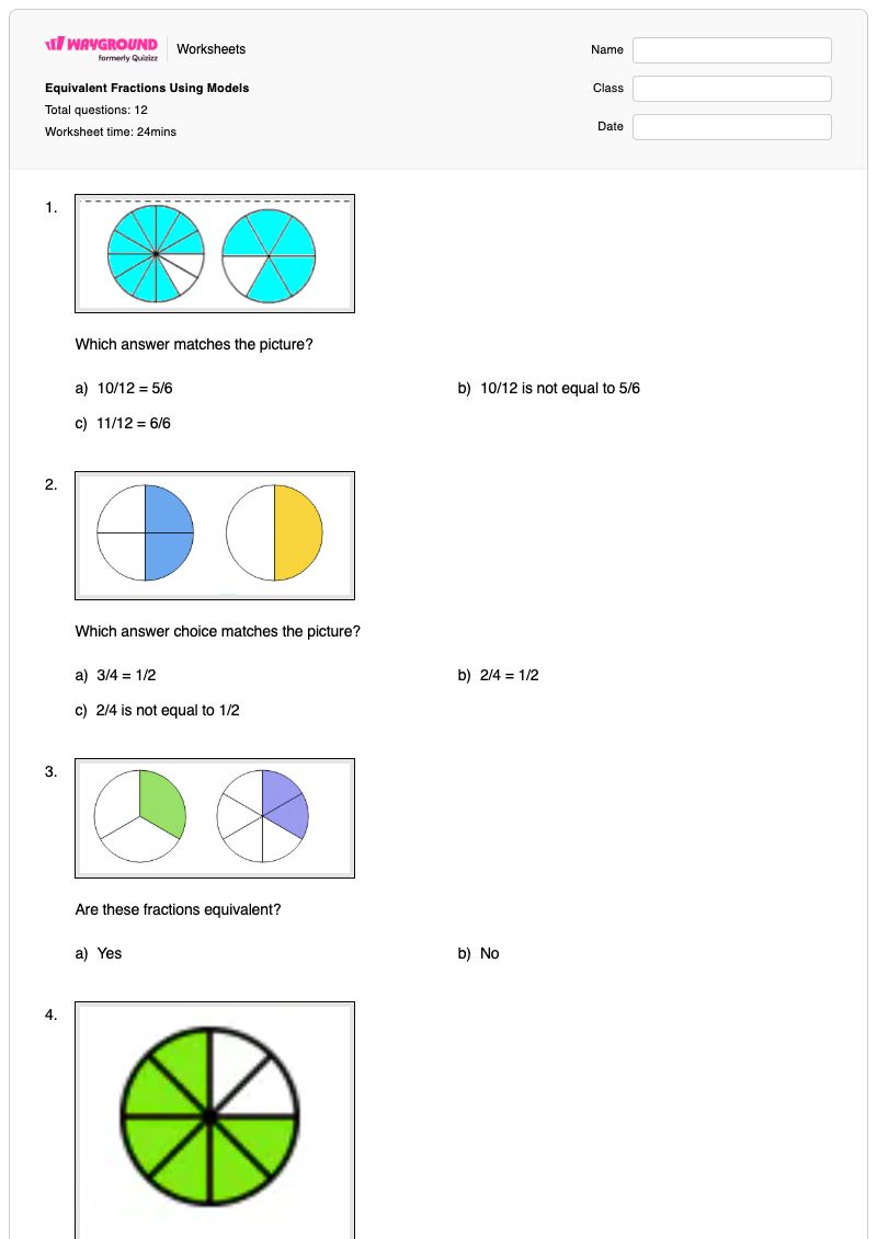 Equivalent Fractions Using Models - พิมพ์ได้ แบบจำลองเศษส่วน เวิร์กชีท - Wayground