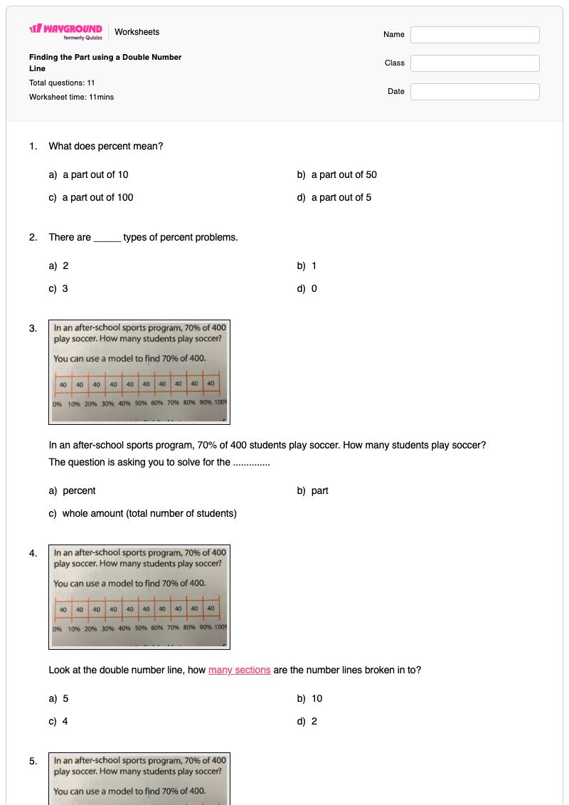 Finding the Part using a Double Number Line - พิมพ์ได้ เส้นจำนวนคู่ เวิร์กชีท - Wayground