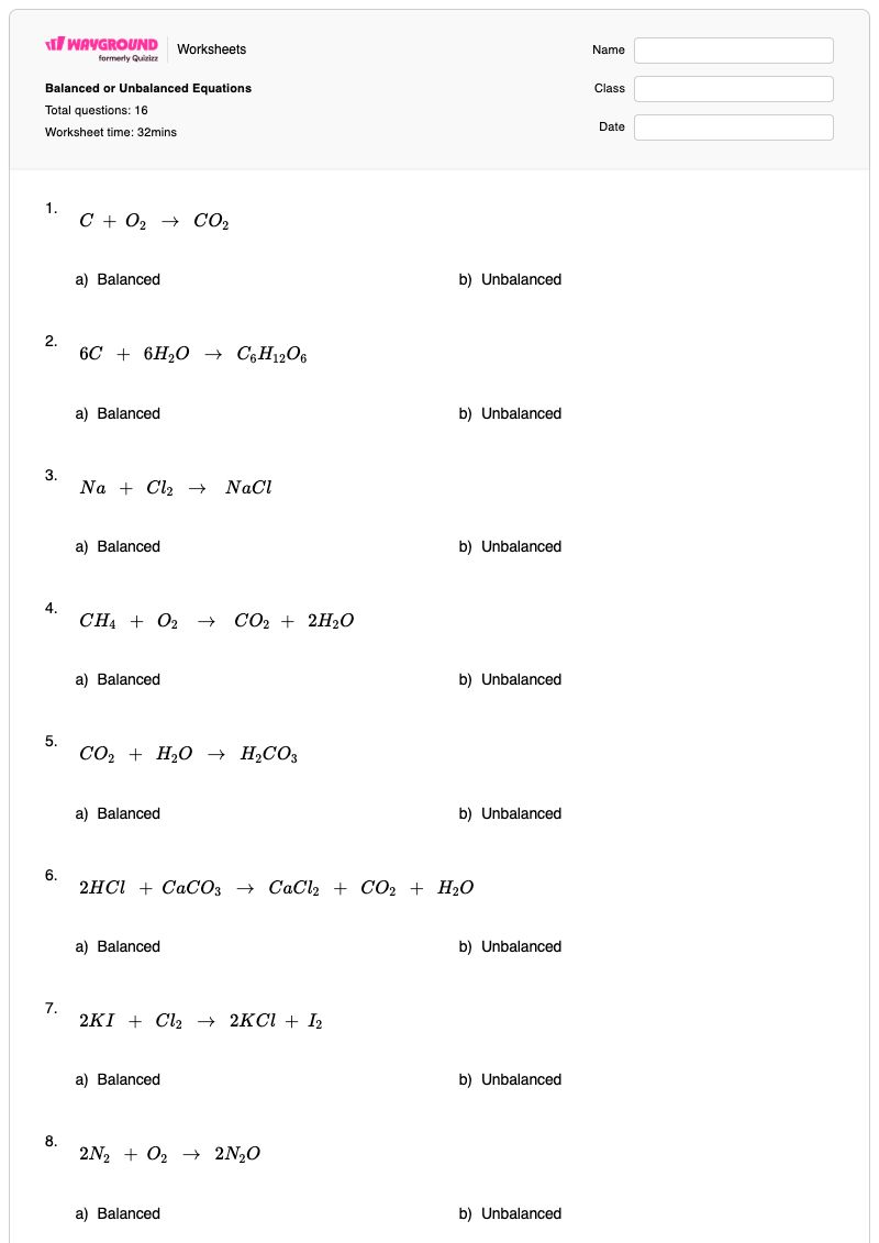 Balanced or Unbalanced Equations - พิมพ์ได้ Balance-in-equations เวิร์กชีท - Wayground