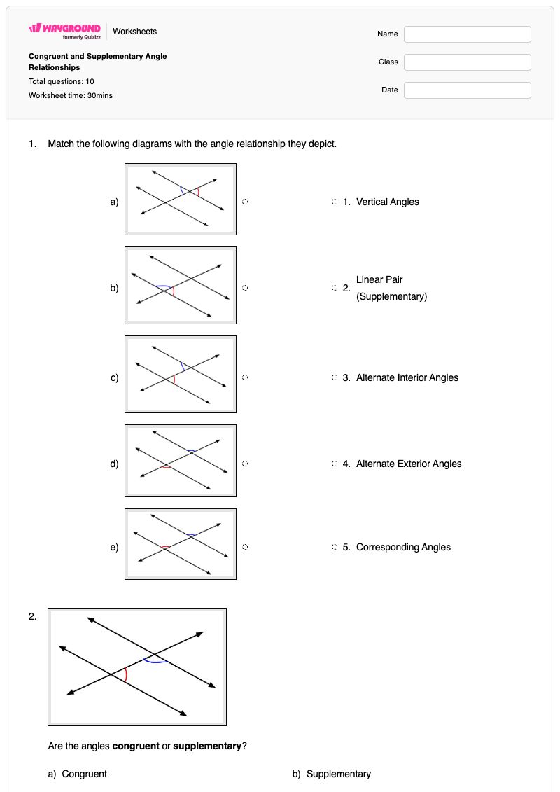 Congruent and Supplementary Angle Relationships - พิมพ์ได้ Angle-identification เวิร์กชีท ระดับ 8 - Wayground