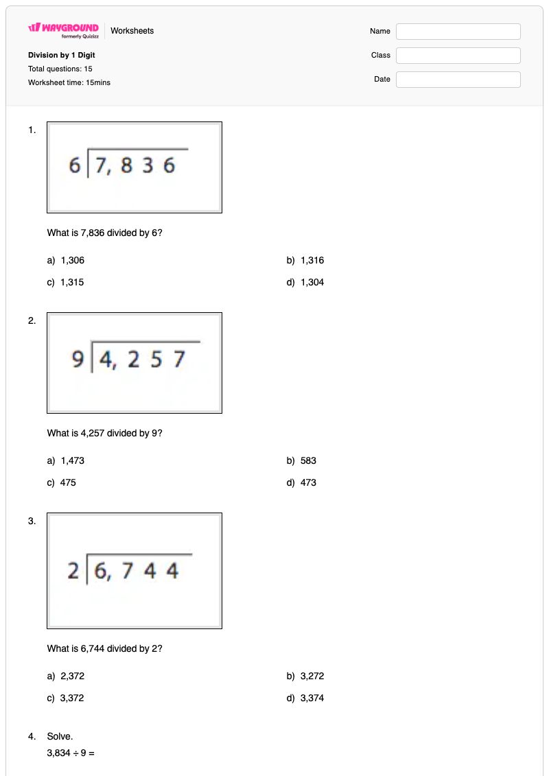Division by 1 Digit - Printable Division Worksheets - Wayground