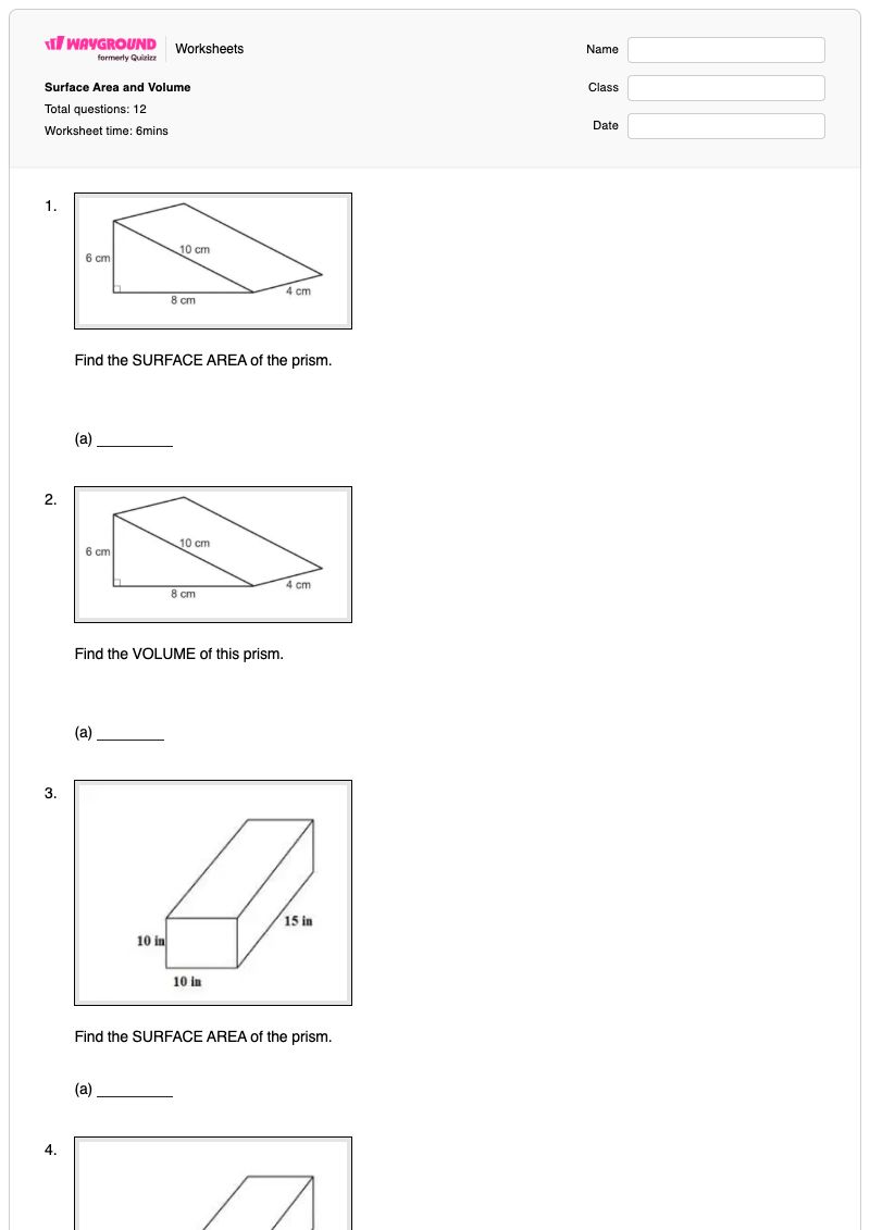 Surface Area and Volume - Printable Volume-and-surface-area-of-prisms Worksheets - Wayground