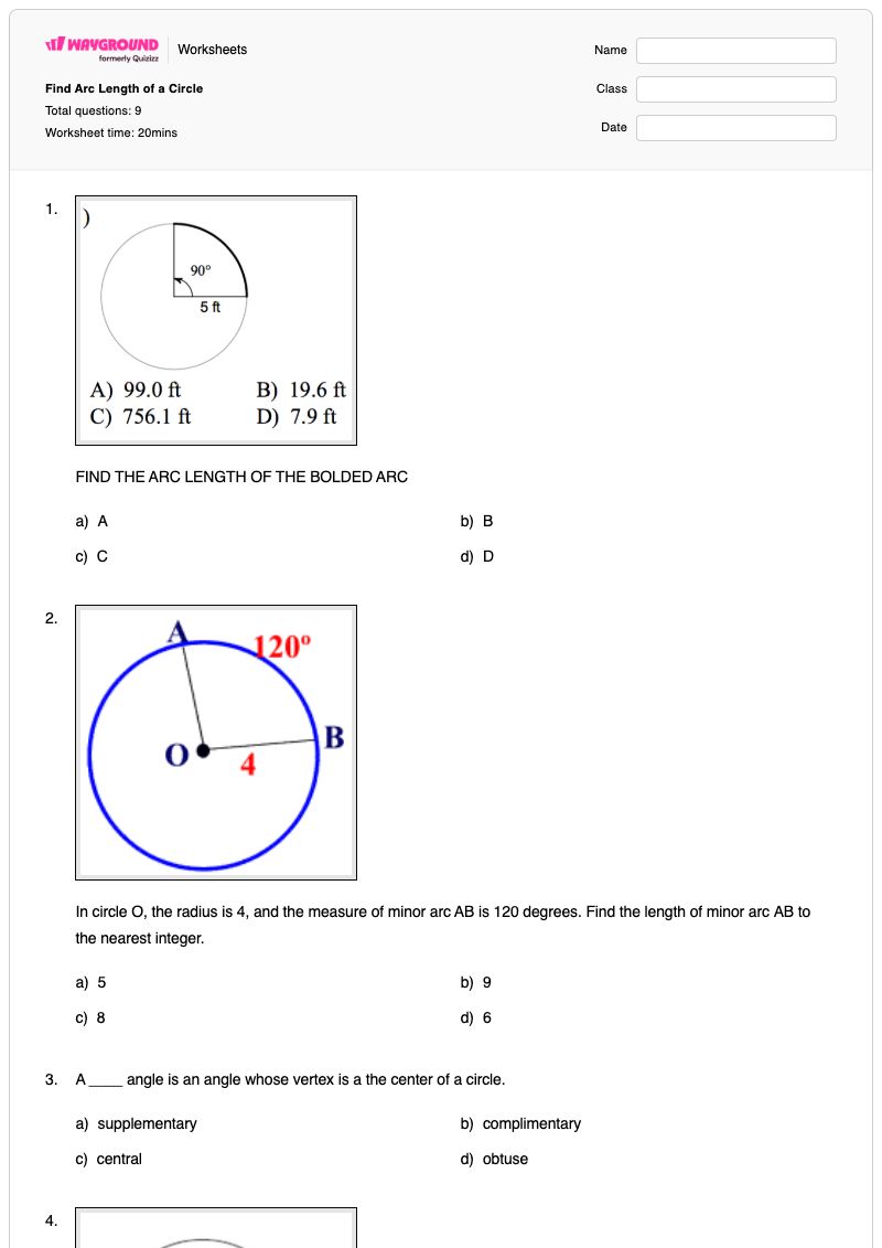 Find Arc Length of a Circle - พิมพ์ได้ Arcs เวิร์กชีท - Wayground