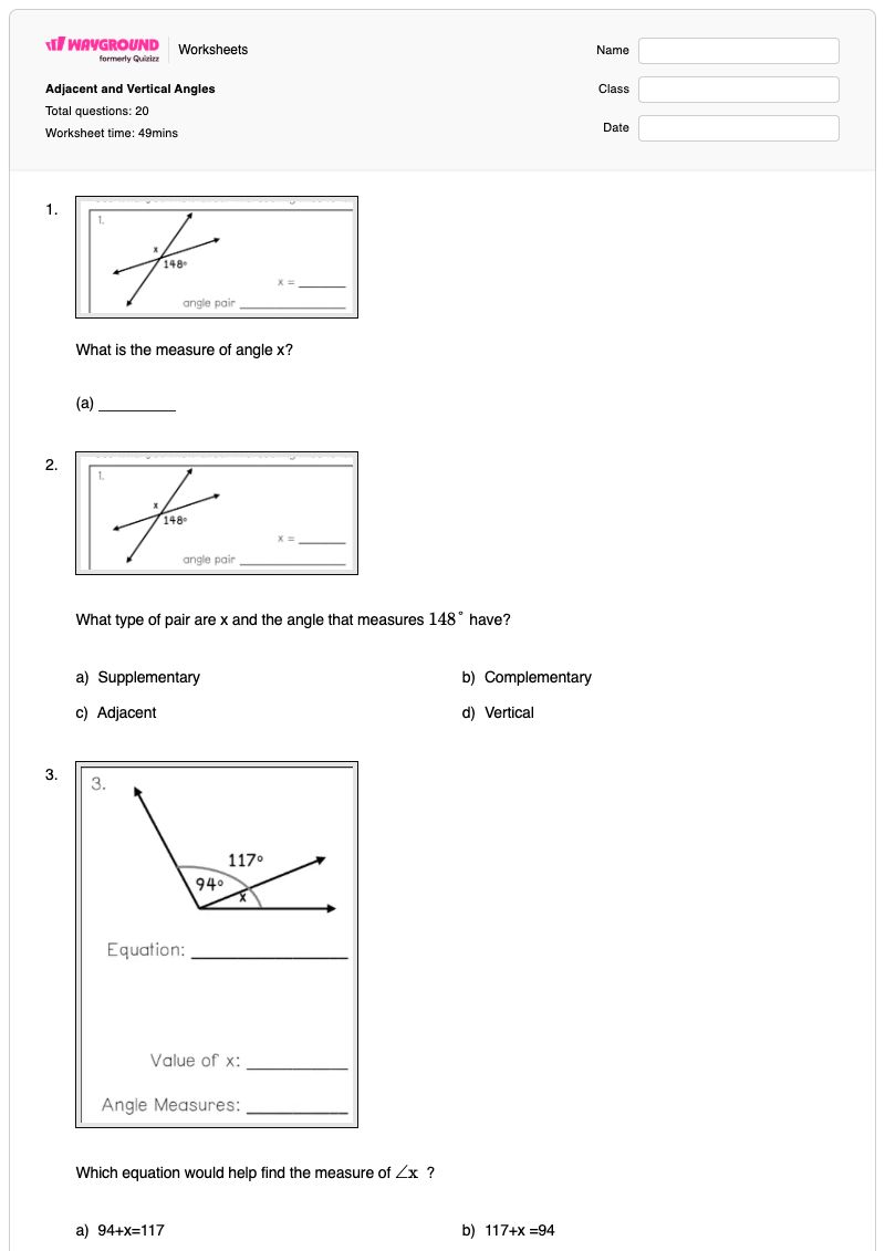 Adjacent and Vertical Angles - พิมพ์ได้ Angle-pair-relationships เวิร์กชีท ระดับ 8 - Wayground