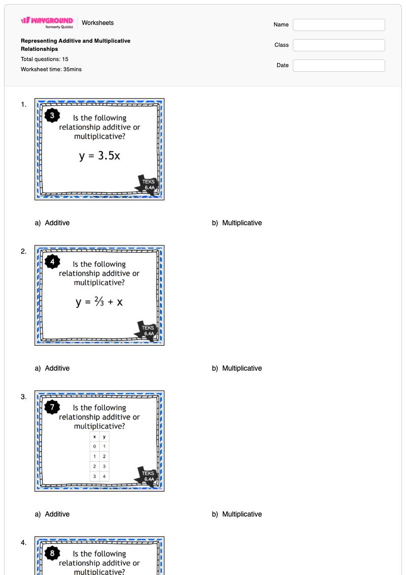 Representing Additive and Multiplicative Relationships - Printable Additive-and-multiplicative-relationships Worksheets Class 6 - Wayground