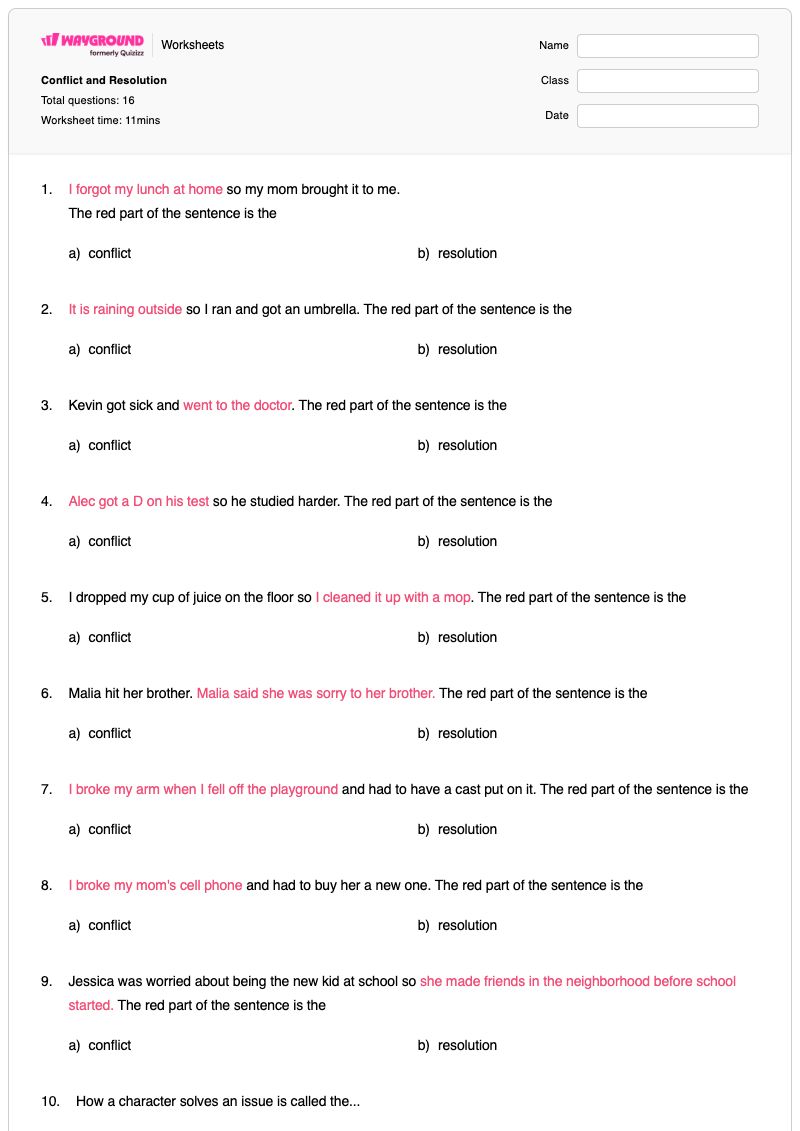 Conflict and Resolution - พิมพ์ได้ ความขัดแย้งและการแก้ไข เวิร์กชีท - Wayground
