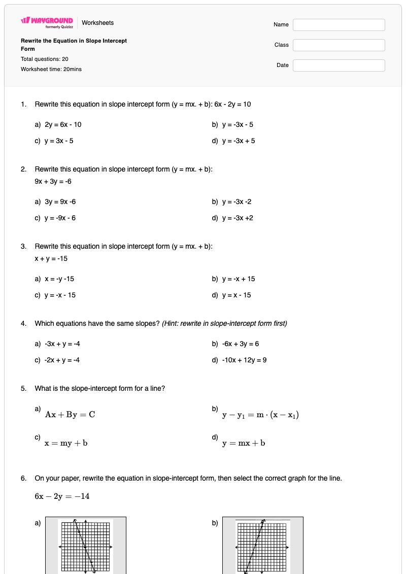 Rewrite the Equation in Slope Intercept Form - พิมพ์ได้ รูปแบบความชัน-จุดตัดแกน เวิร์กชีท - Wayground