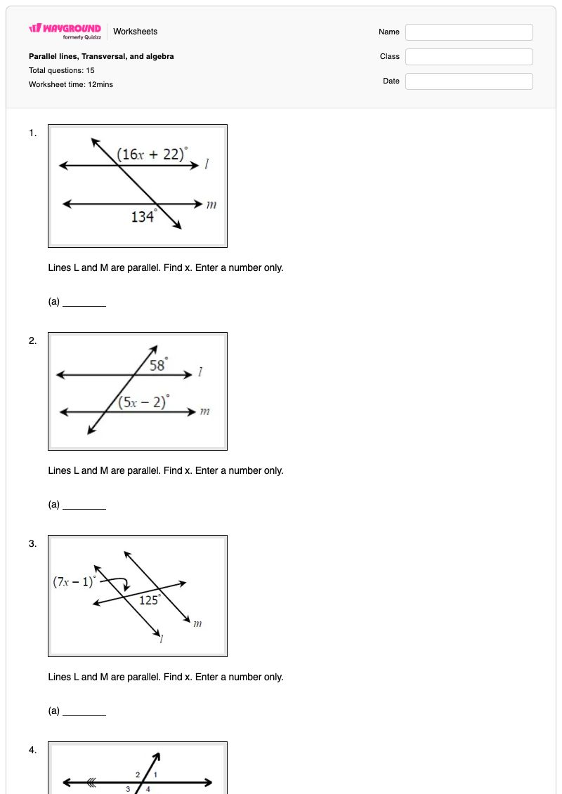 Parallel lines, Transversal, and algebra  - พิมพ์ได้ เส้นตัดขวางของเส้นขนาน เวิร์กชีท - Wayground