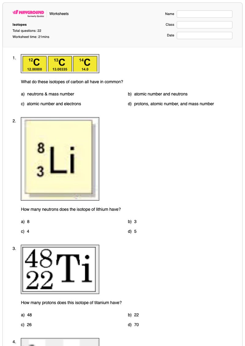 Isotopes - พิมพ์ได้ Ions-and-atoms เวิร์กชีท - Wayground