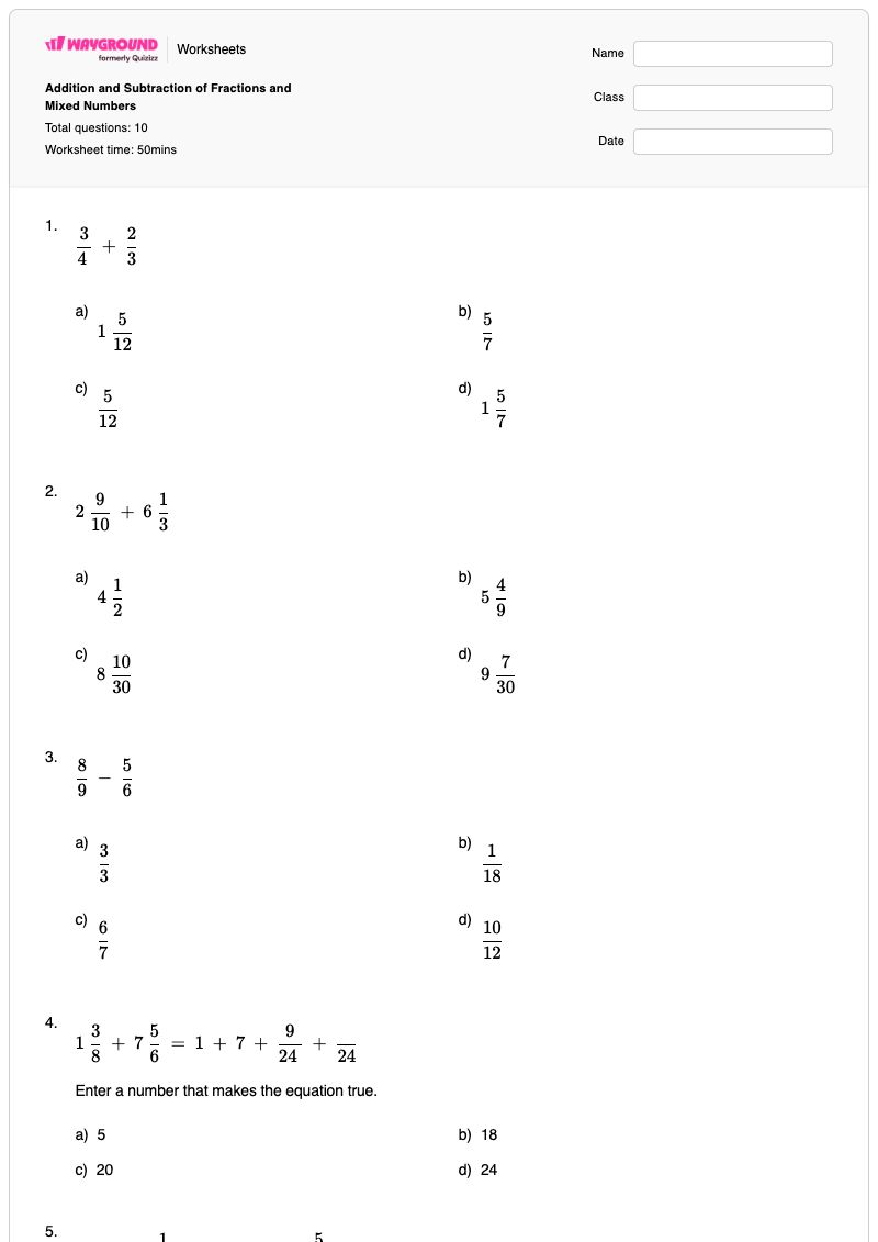 Addition and Subtraction of Fractions and Mixed Numbers  - Printable Mixed-addition-and-subtraction Worksheets - Wayground