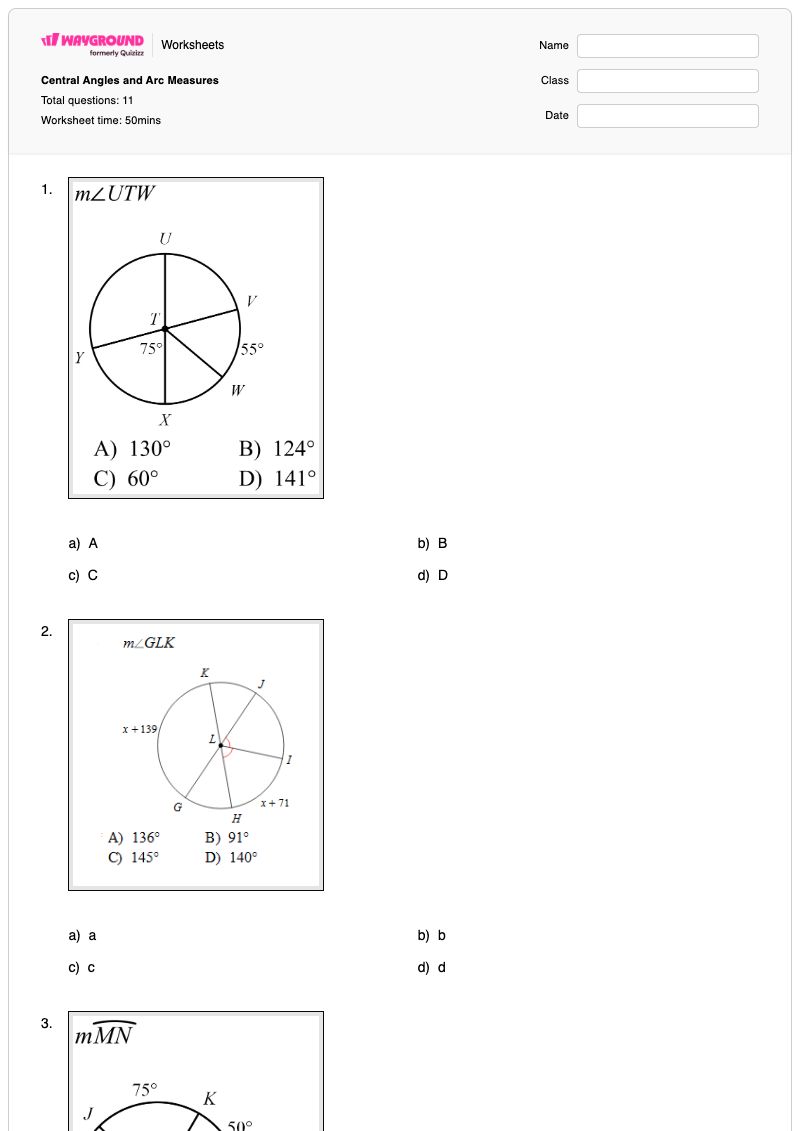 Central Angles and Arc Measures - พิมพ์ได้ การวัดส่วนโค้ง เวิร์กชีท - Wayground