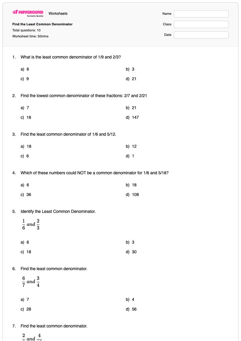 Find the Least Common Denominator - Printable Least-common-denominator Worksheets - Wayground