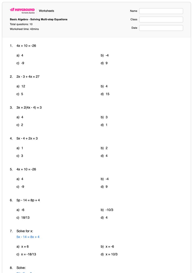 Basic Algebra - Solving Multi-step Equations - พิมพ์ได้ สมการหลายขั้นตอน เวิร์กชีท - Wayground