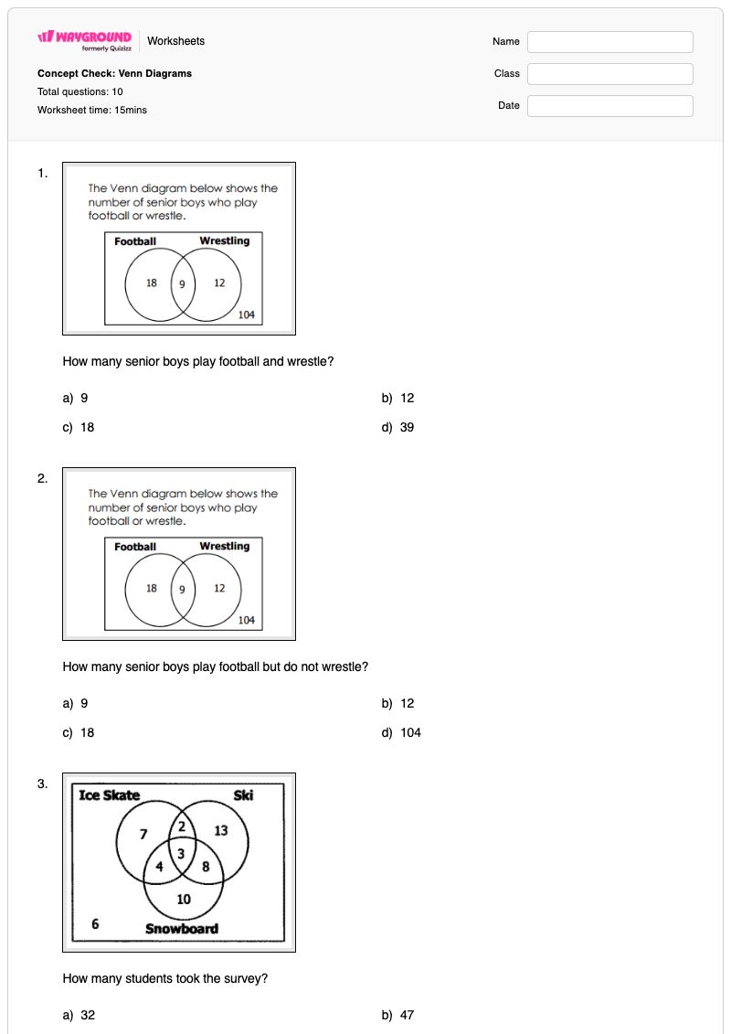 Concept Check: Venn Diagrams - Printable Venn-diagrams Worksheets - Wayground