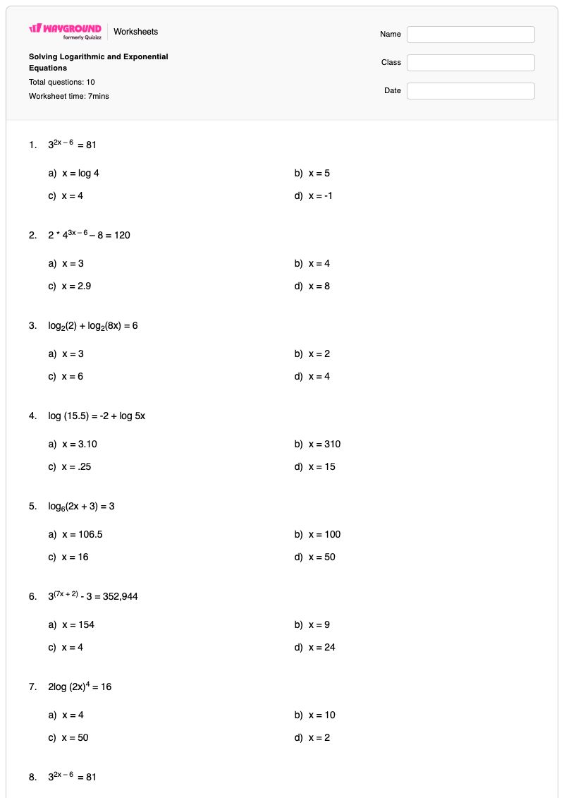 Solving Logarithmic and Exponential Equations - พิมพ์ได้ Logarithmic-equations เวิร์กชีท - Wayground