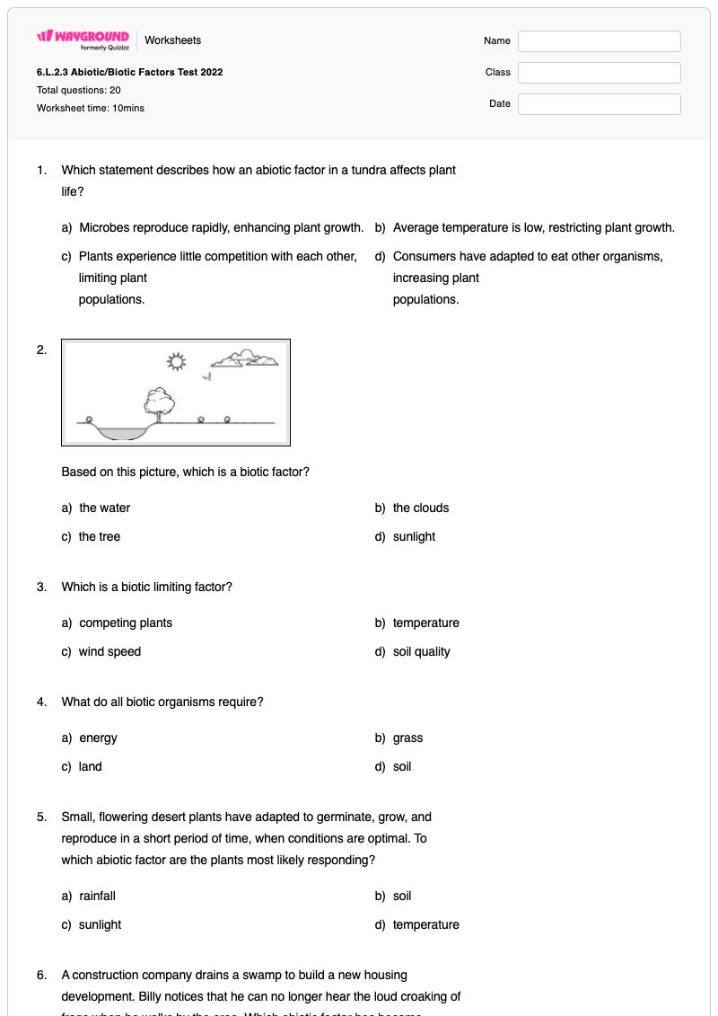 6.L.2.3 Abiotic/Biotic Factors Test 2022 - พิมพ์ได้ Abiotic-factors เวิร์กชีท - Wayground