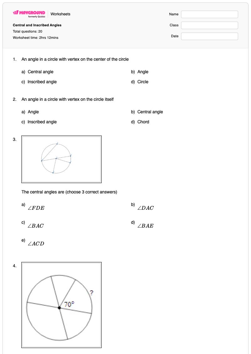Central and Inscribed Angles - พิมพ์ได้ การวัดส่วนโค้ง เวิร์กชีท - Wayground
