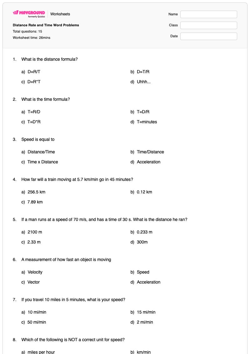 Distance Rate and Time Word Problems - พิมพ์ได้ โจทย์ปัญหาเกี่ยวกับเวลา เวิร์กชีท - Wayground