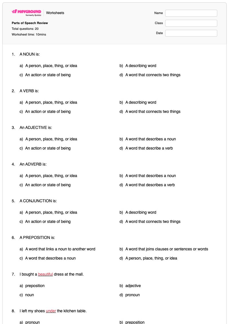 Parts of Speech Review - พิมพ์ได้ ส่วนประกอบของคำพูด เวิร์กชีท - Wayground