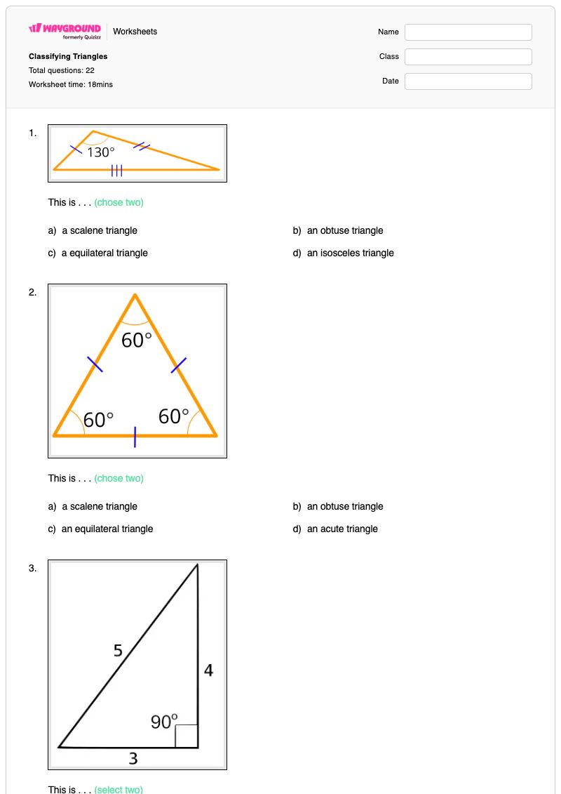 Classifying Triangles - พิมพ์ได้ คุณสมบัติของสามเหลี่ยม เวิร์กชีท ระดับ 4 - Wayground