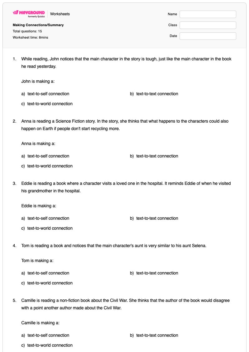 Making Connections/Summary - พิมพ์ได้ การเชื่อมโยงความรู้ผ่านการอ่าน เวิร์กชีท - Wayground