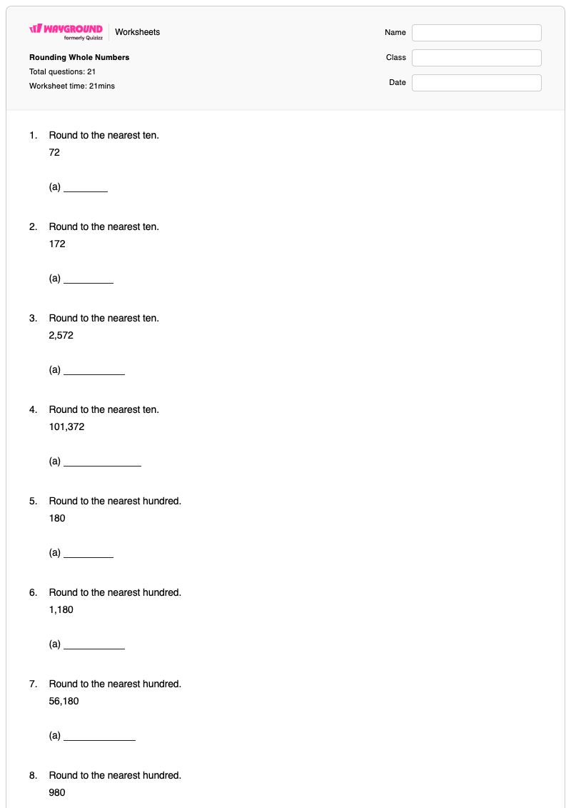 Rounding Whole Numbers - Printable Rounding-whole-numbers Worksheets Class 4 - Wayground