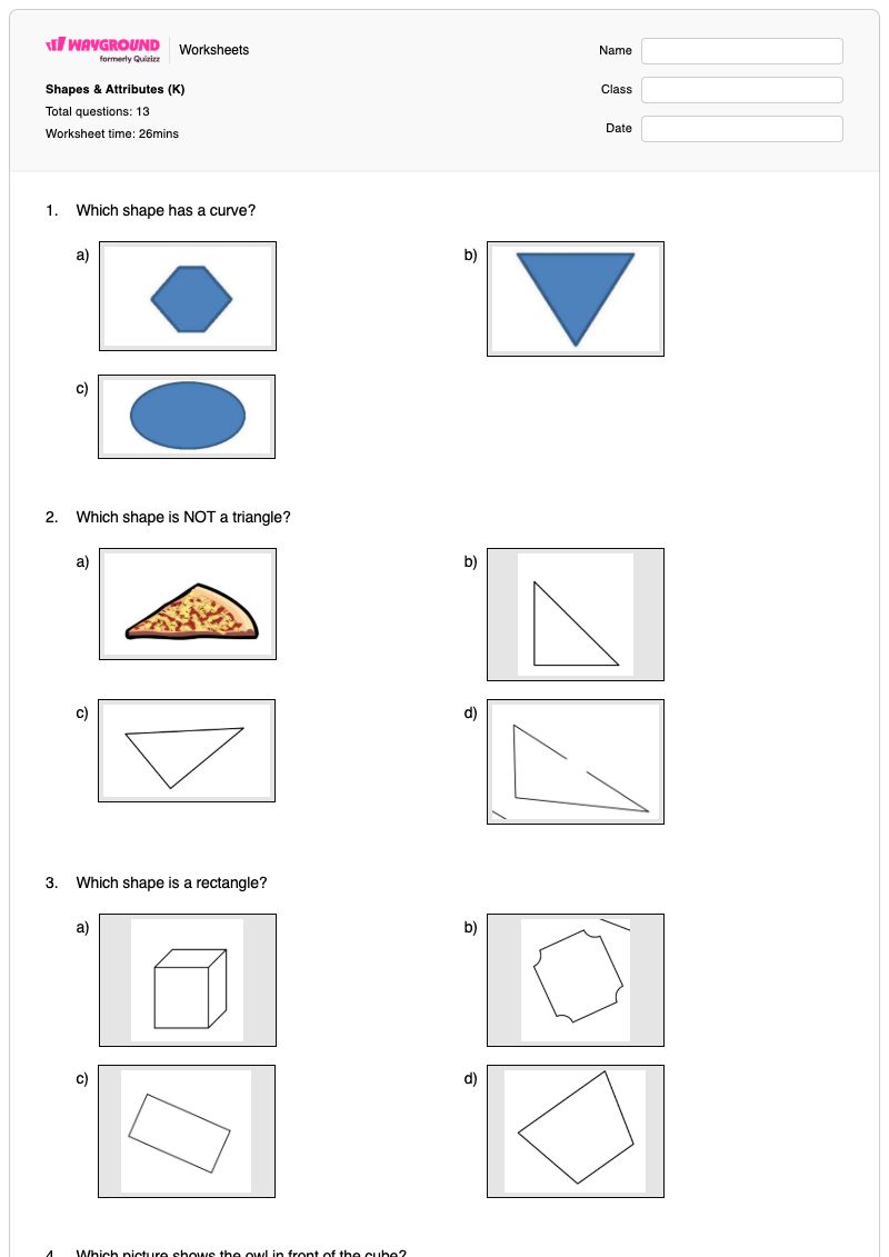 Shapes & Attributes (K) - พิมพ์ได้ คุณลักษณะของรูปร่าง เวิร์กชีท ระดับ 2 - Wayground