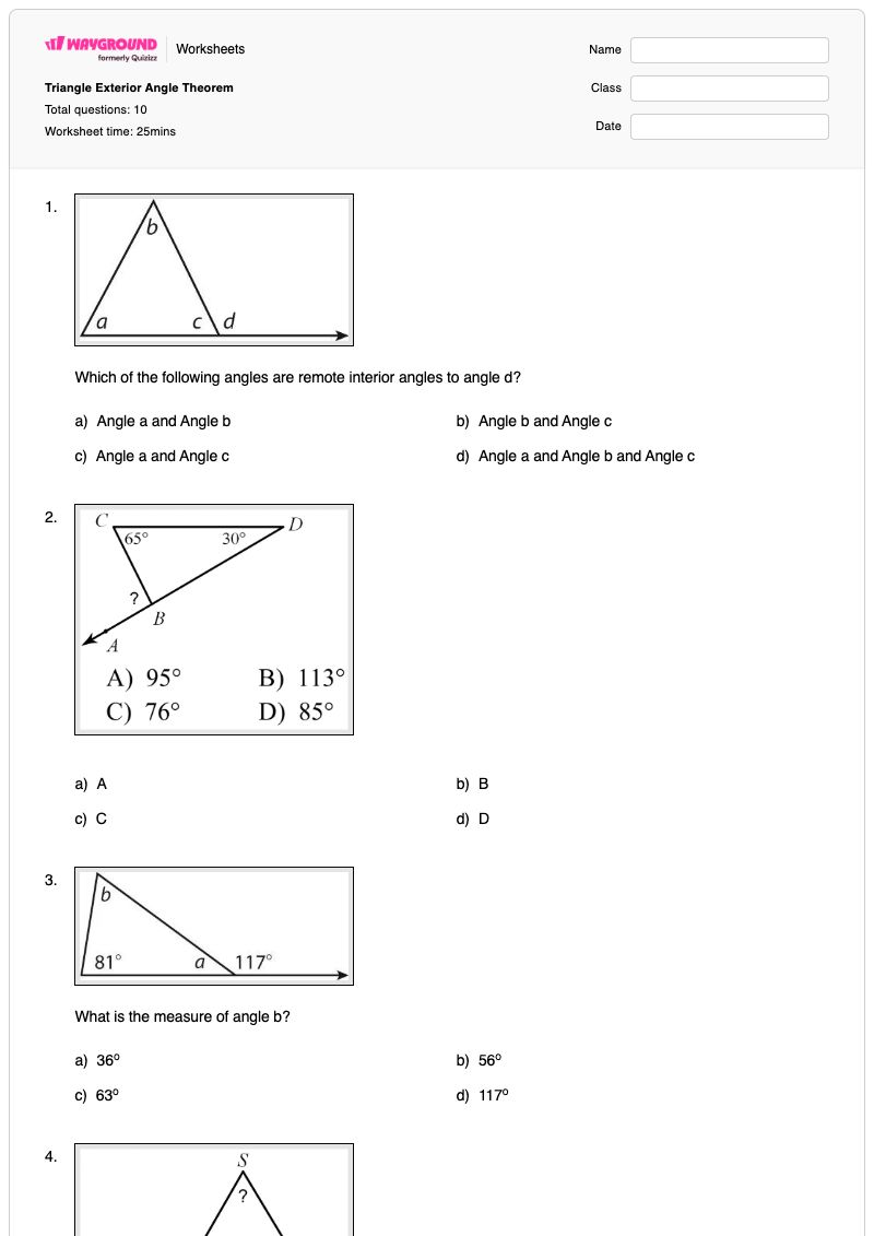 Triangle Exterior Angle Theorem - Printable Exterior-angle-theorem Worksheets Year 10 - Wayground