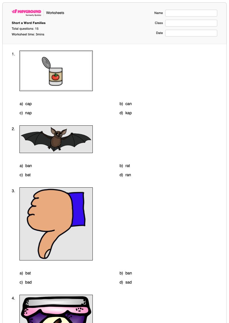 Short a Word Families - Printable Word-families Worksheets - Wayground