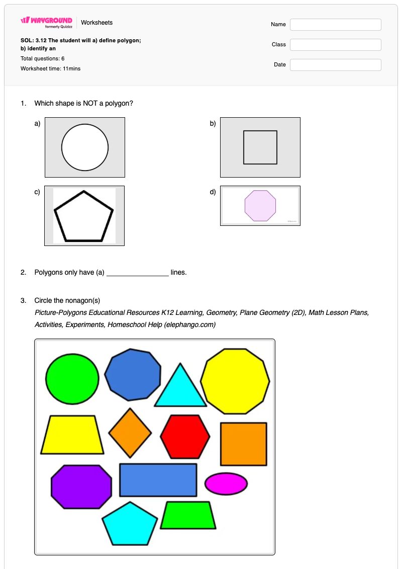 SOL: 3.12 The student will   a) define polygon;   b) identify an - พิมพ์ได้ กิจกรรมเขาวงกต เวิร์กชีท ระดับ 3 - Wayground