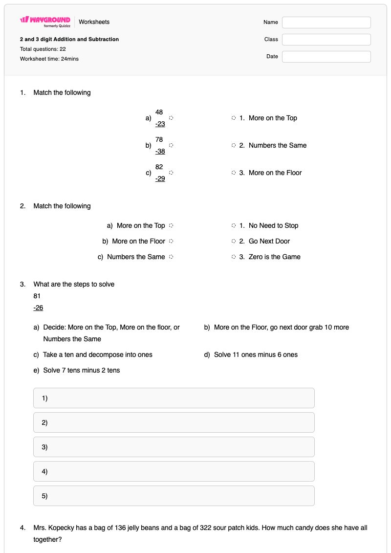 2 and 3 digit Addition and Subtraction - Printable X-and-y-axes Worksheets Class 2 - Wayground