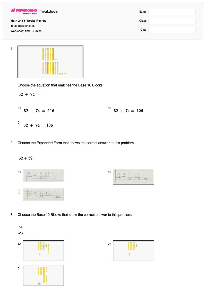 Math 2nd 6 Weeks Review - Printable Math Worksheets Year 2 - Wayground