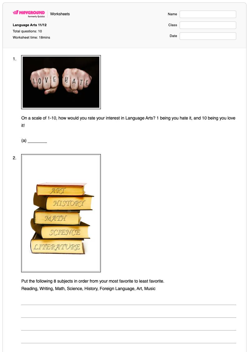 Language Arts 11/12  - Printable Language-and-vocabulary Worksheets Class 11 - Wayground