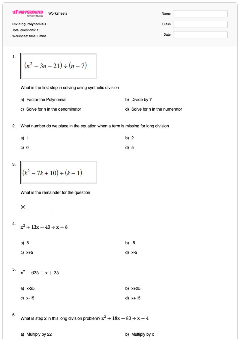 Dividing Polynomials - พิมพ์ได้ การหารพหุนาม เวิร์กชีท ระดับ 12 - Wayground