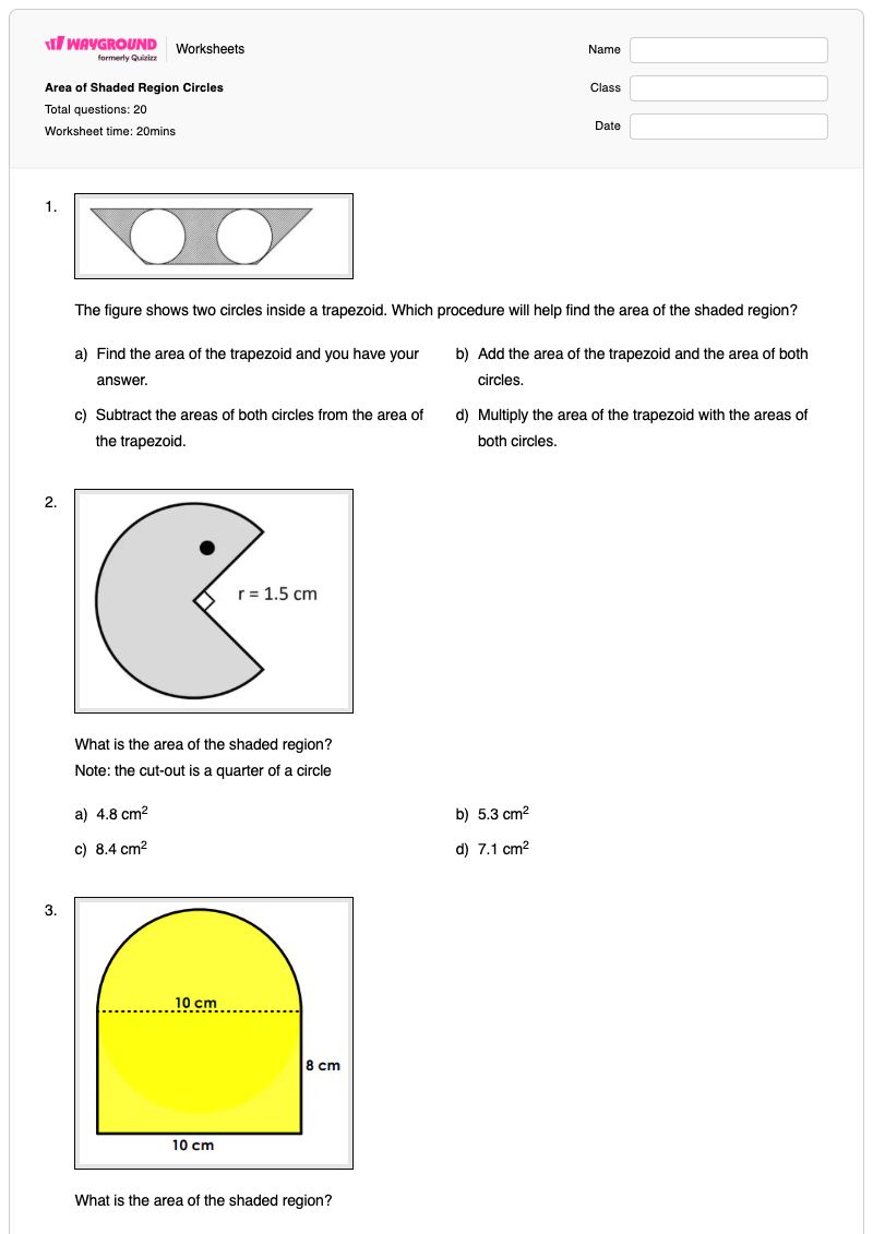 Area of Shaded Region Circles - พิมพ์ได้ Area-of-shaded-region เวิร์กชีท ระดับ 11 - Wayground
