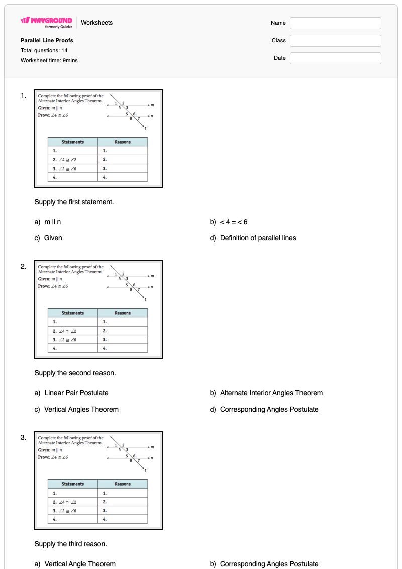 Parallel Line Proofs - พิมพ์ได้ Parallel-line-proofs เวิร์กชีท - Wayground
