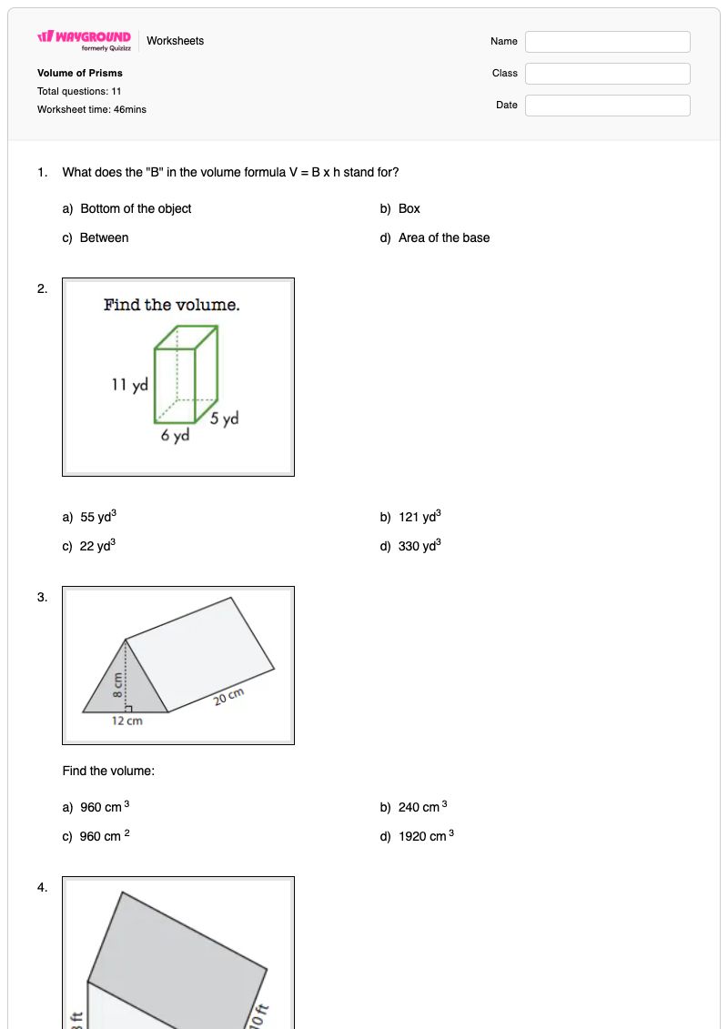 Volume of Prisms - พิมพ์ได้ Triangular-prisms เวิร์กชีท ระดับ 6 - Wayground