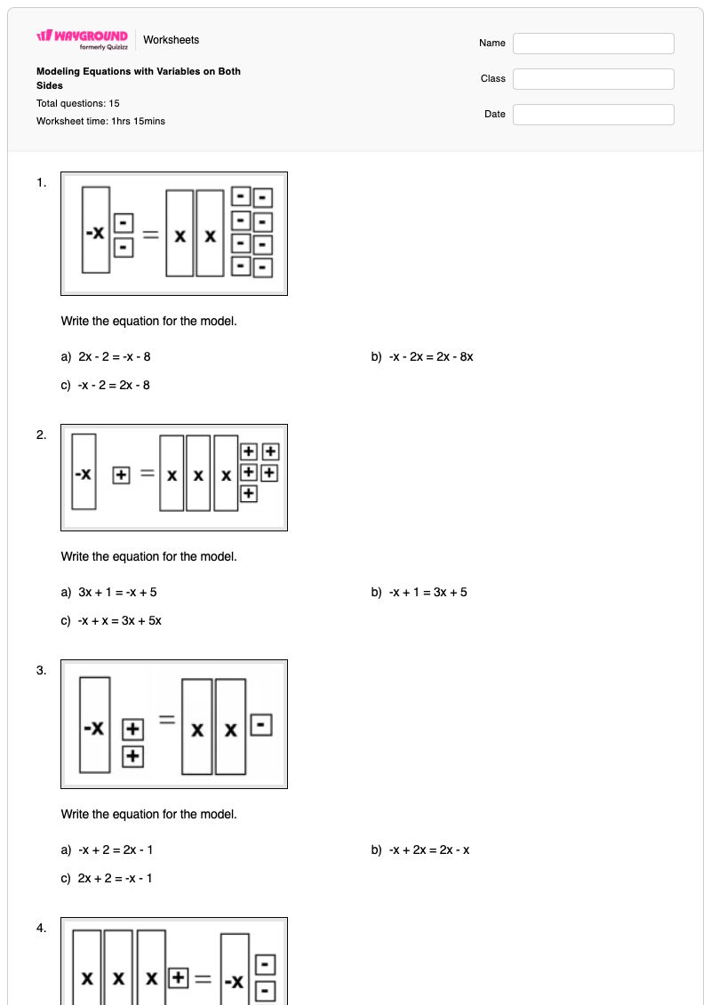 Modeling Equations with Variables on Both Sides - Printable Equations-with-variables-on-both-sides Worksheets Class 7 - Wayground