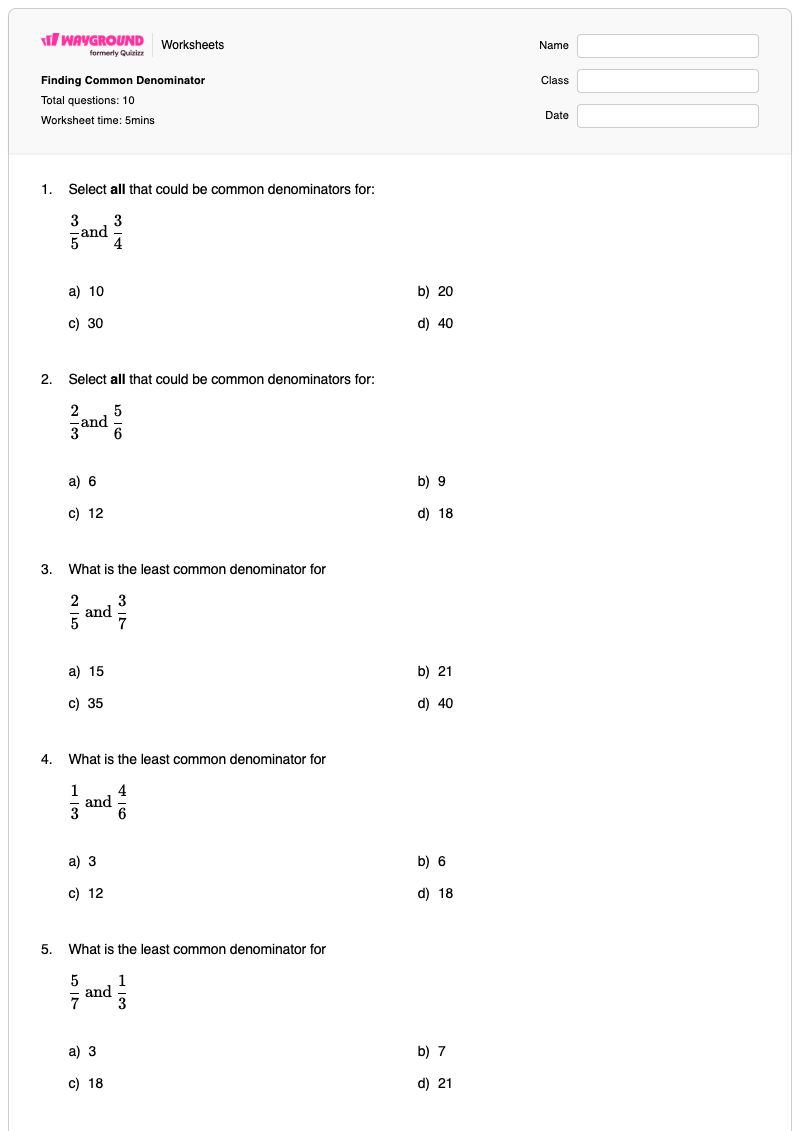 Finding Common Denominator - Printable Least-common-denominator Worksheets - Wayground