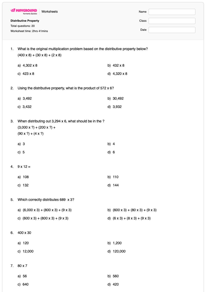 Distributive Property - พิมพ์ได้ Distributive-property เวิร์กชีท ระดับ 5 - Wayground